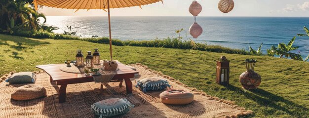 Photo a boho picnic setup on lush grass near the ocean featuring a cozy table set for two and a charming umbrella casting shade overhead evoking a tranquil atmosphere ideal for seaside relaxation