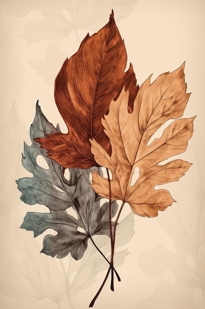 Boho Style Retro Mood Fallen Leaves in Simple Minimalistic Drawing Generative AI