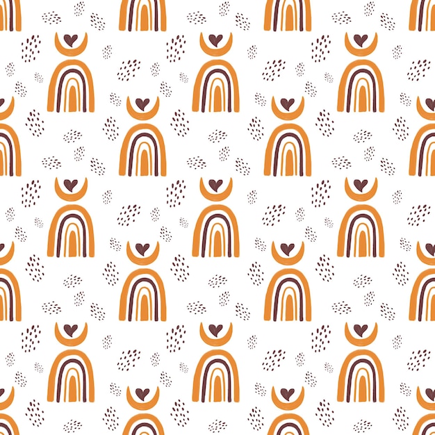 Boho style seamless pattern for Valentine`s Day. Abstract shapes compositions and hearts on white background.