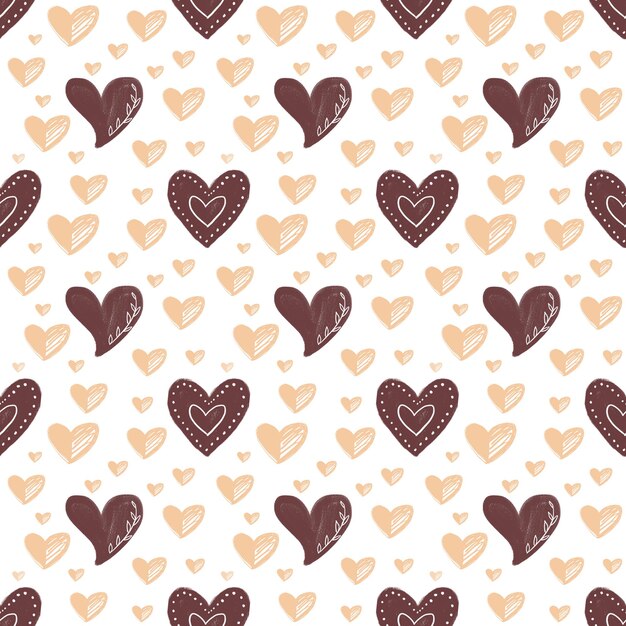 Boho style seamless pattern for Valentine`s Day. Abstract shapes compositions and hearts on white background.