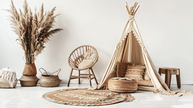 Photo boho styled cozy hut with decor minimalistic interior design