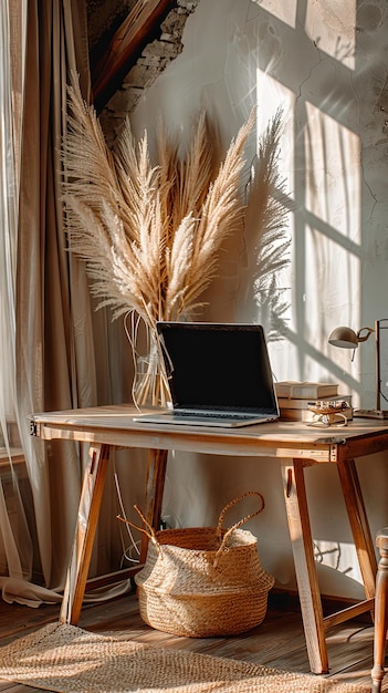 Photo boho styled office interior design with laptop on table pampas grass bouquet and copy space