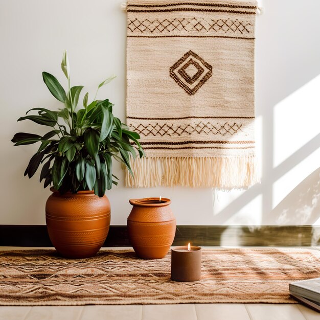 Photo boho styled room interior green houseplants and natural home decor