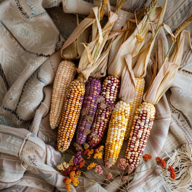 Boho top view Thanksgiving day with autumn corn autumn boho decor