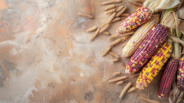 Boho top view Thanksgiving day with autumn corn autumn boho decor