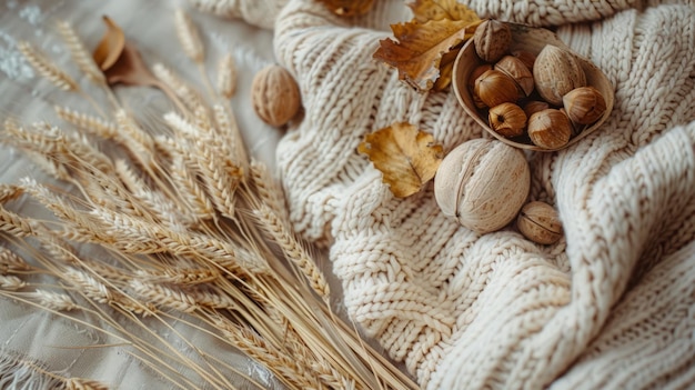 Boho top view Thanksgiving day with ears of wheat nuts and leaves