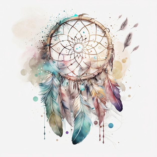 Boho tribal illustration with dreamcatcher and feathers