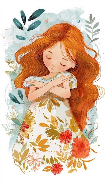 boho watercolor illustration of a beautiful sleeping girl