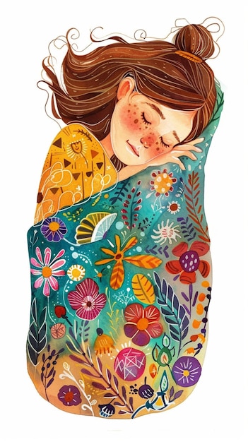 boho watercolor illustration of a beautiful sleeping girl