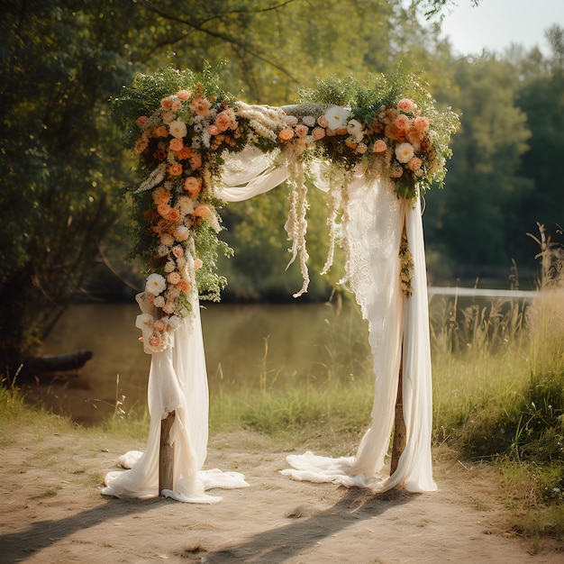 Boho Wedding Arch Decorated with Cheesecloth Gauze A Stunning Front View studio overlay