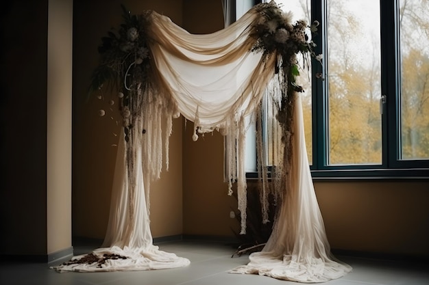 Boho Wedding Arch Decorated with Cheesecloth Gauze A Stunning Front View studio overlay