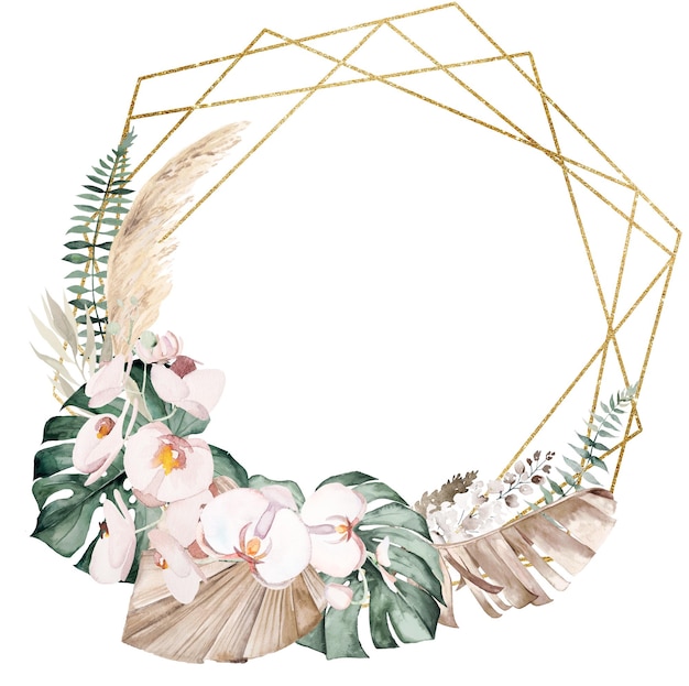 Boho Wedding Watercolor frames with beige and teal green tropical leaves and orchid flowers illustration