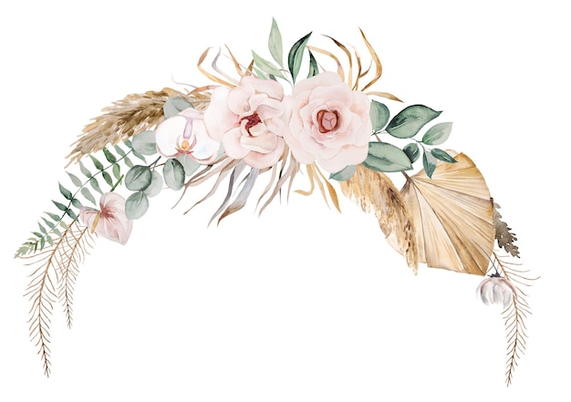 Boho Wedding Watercolor wreath with beige and green tropical leaves and orchid flowers illustration