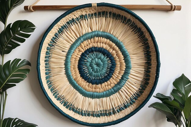 Photo boho woven basket wall hanging with artisanal craftsmanship