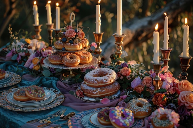 A bohostyle tablescape complete with donuts for a wedding