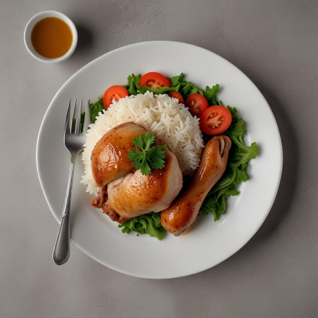 Boiled chicken shank with rice and salad