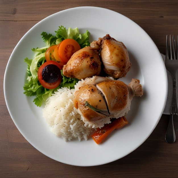 Boiled chicken shank with rice and salad