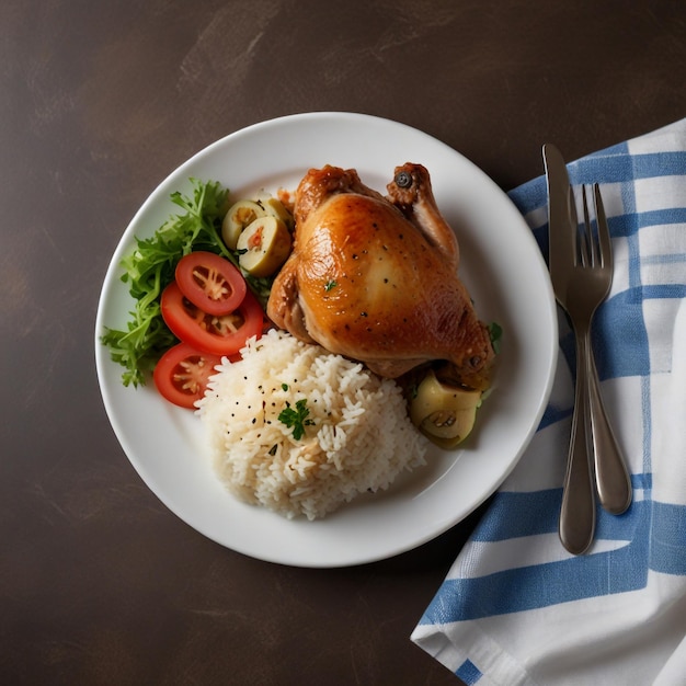 Boiled chicken shank with rice and salad