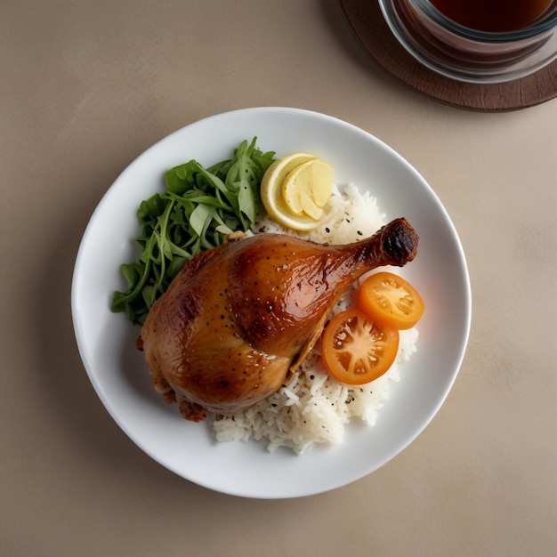 Boiled chicken shank with rice and salad