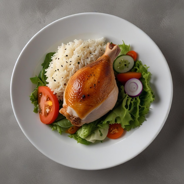 Boiled chicken shank with rice and salad