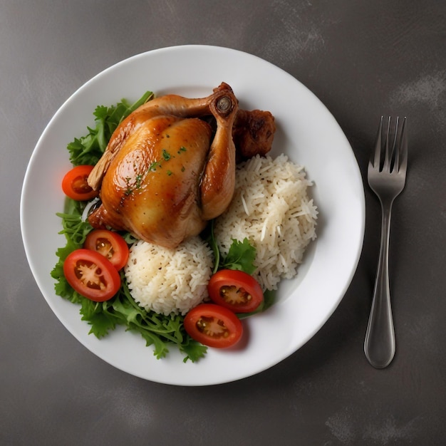 Boiled chicken shank with rice and salad