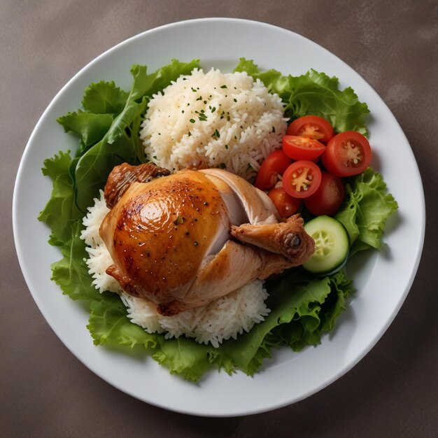 Boiled chicken shank with rice and salad