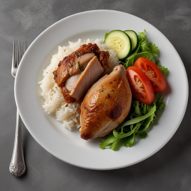 Boiled chicken shank with rice and salad