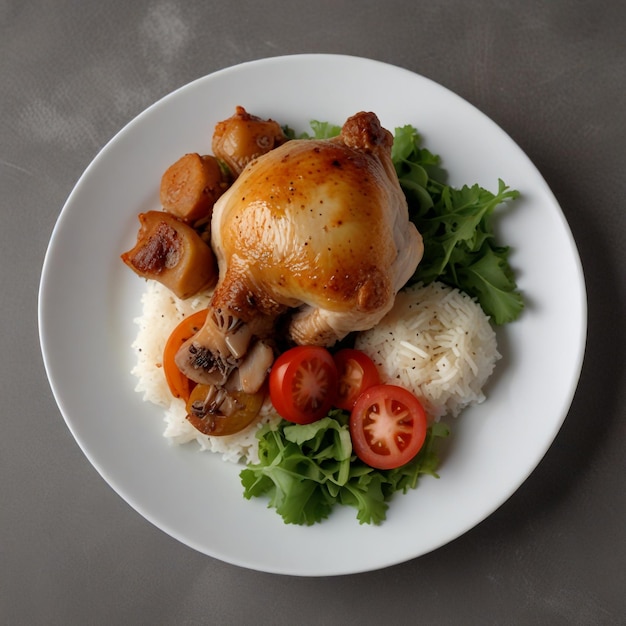 Boiled chicken shank with rice and salad