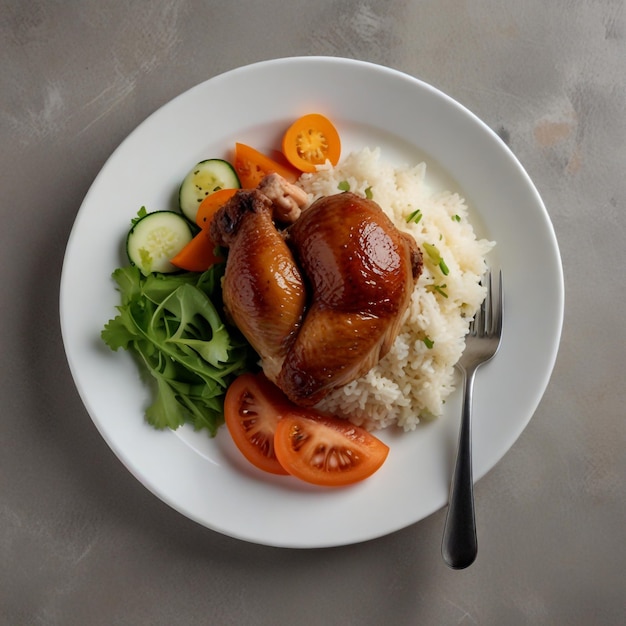 Boiled chicken shank with rice and salad