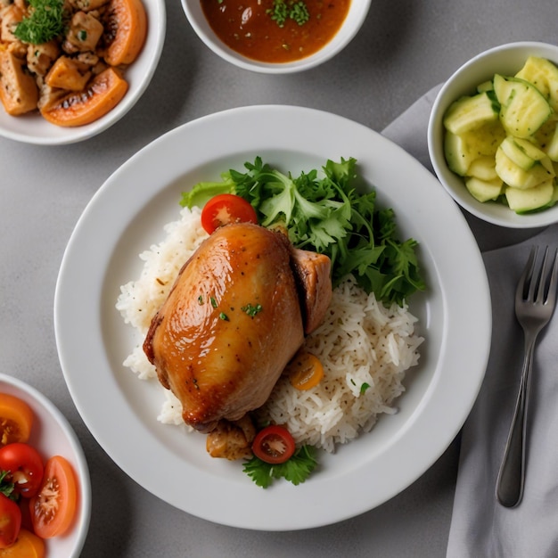 Boiled chicken shank with rice and salad