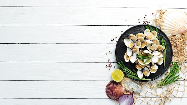 Boiled clams in a plate. Seafood on a white background.