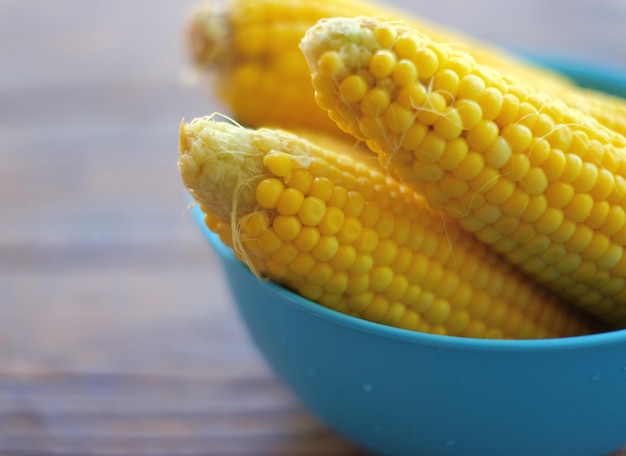 Boiled corn on the cob in a blue bowl