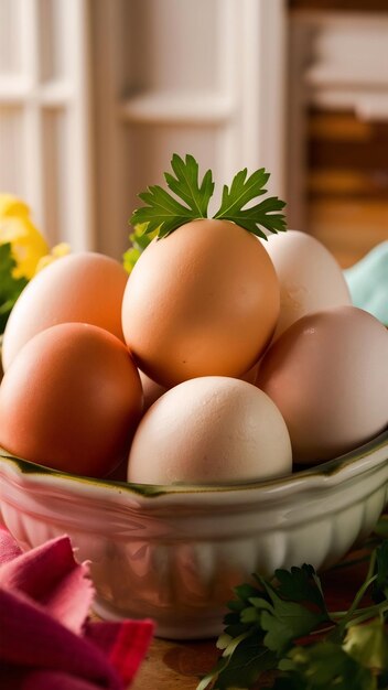 Boiled eggs in a bowl decorated with parsley leaves