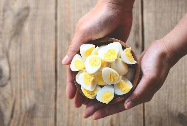 Boiled eggs food quail eggs on bowl breakfast eggs with fresh quail eggs on hand served on the table food