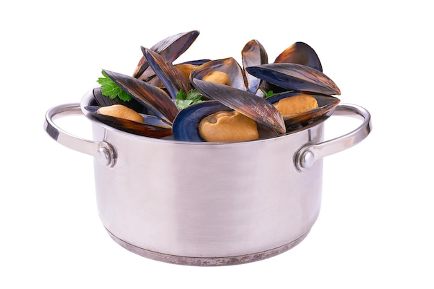 Boiled mussels in a stainless steel cooking dish isolated on white background