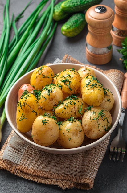 Boiled potatoes with dill and butter closeup on a dark background