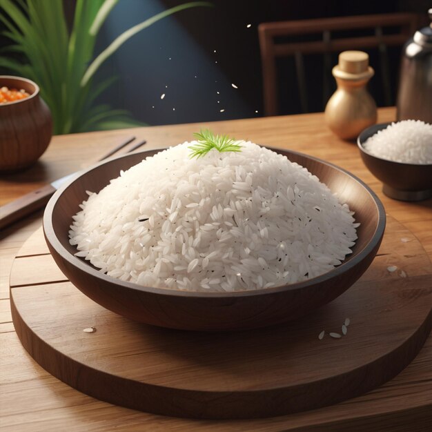 Photo boiled rice with dish on a wood board