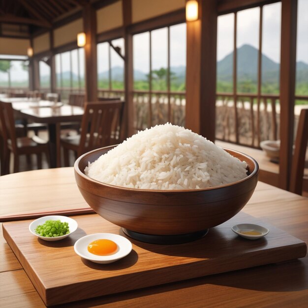 Boiled rice with dish on a wood board