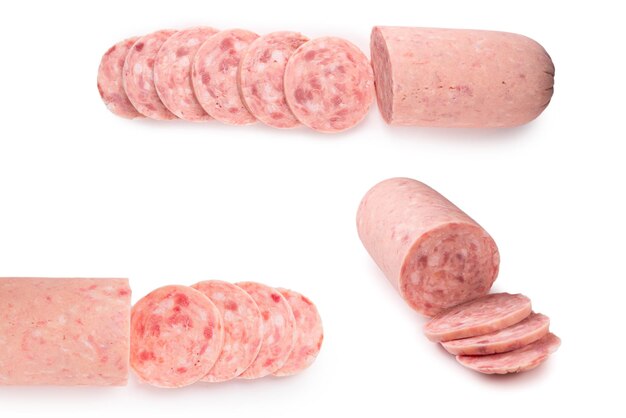 Boiled sausage isolated on white background Slices