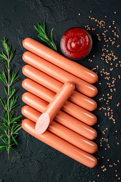 Boiled sausages on a dark background Wiener