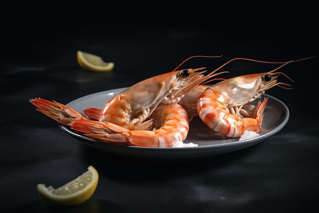 Boiled shrimp on a white plate with lemon on a black background seafood concession