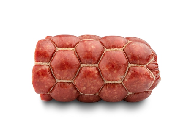 Boiled and smoked sausage cut into two pieces on white background