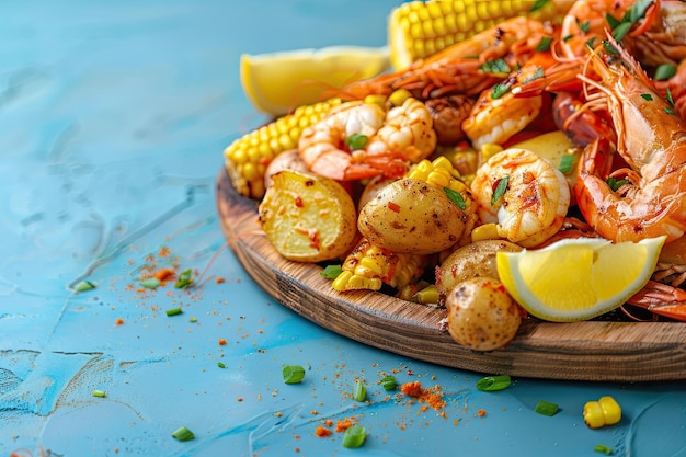 Boiled Southern Garlic Seafood Including Shrimp Crab Legs Corn and Potatoes