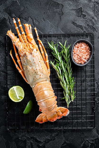 Boiled Spiny lobster or sea crayfish ready for eat Black background Top view