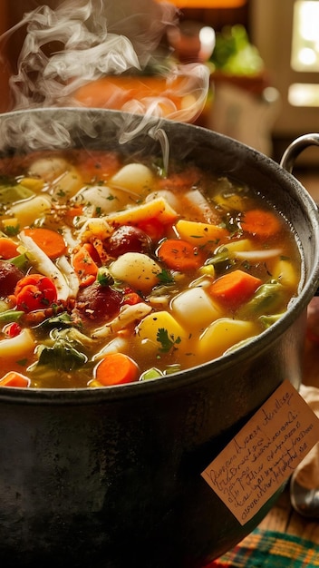 Boiling cauldron simmers hearty vegetable soup recipe generated by