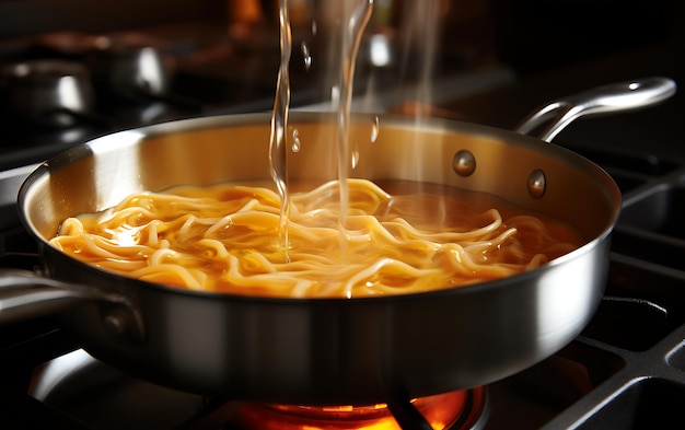 Boiling instant noodles in pot on stove closeup