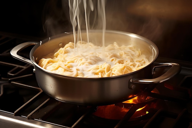 Boiling instant noodles in pot on stove closeup