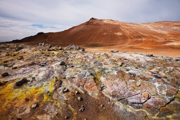 Boiling mud pools in a geothermal landscape in Iceland