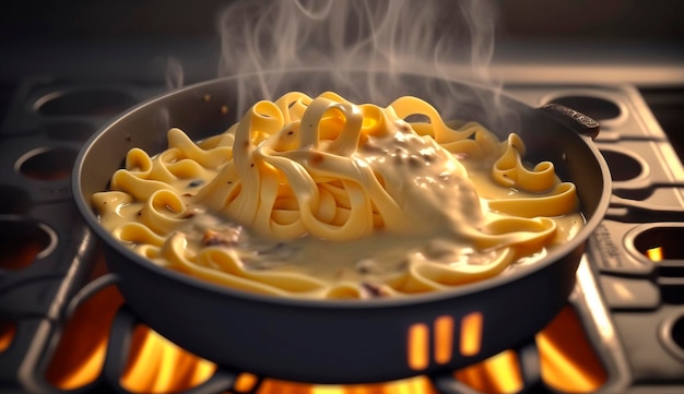 Boiling pan of linguine pasta in cream cheese sauce in a home kitchen on the stove Generative Ai