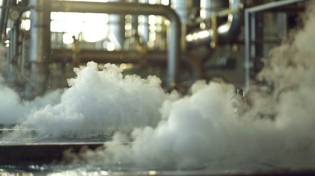 Boiling water and steam coming out of a geothermal power plant with pipes and machinery visible in